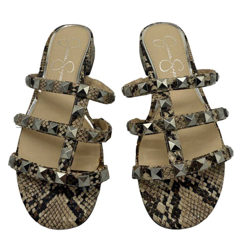 Jessica Simpson Snakeskin Black and Tan Silver Studded Slide On Sandals